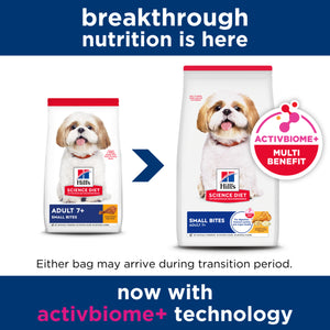 Two packages of Hill's Science Diet dog food with a focus on 'activbiome+' technology.