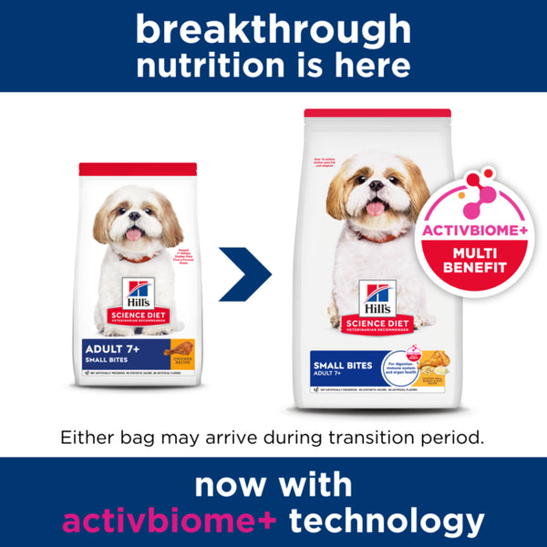 Two packages of Hill's Science Diet dog food with a focus on 'activbiome+' technology.
