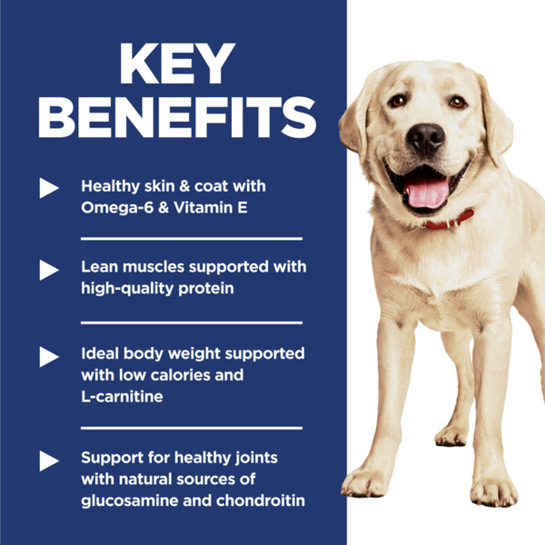 Dog with key benefits text on a blue background
