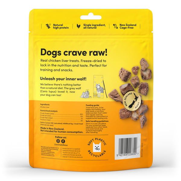 Yellow package of dog treats with text and images of treats on a white background