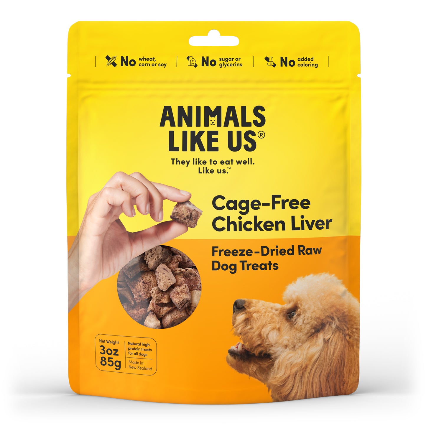 Package of Animals Like Us Cage-Free Chicken Liver freeze-dried raw dog treats on a white background