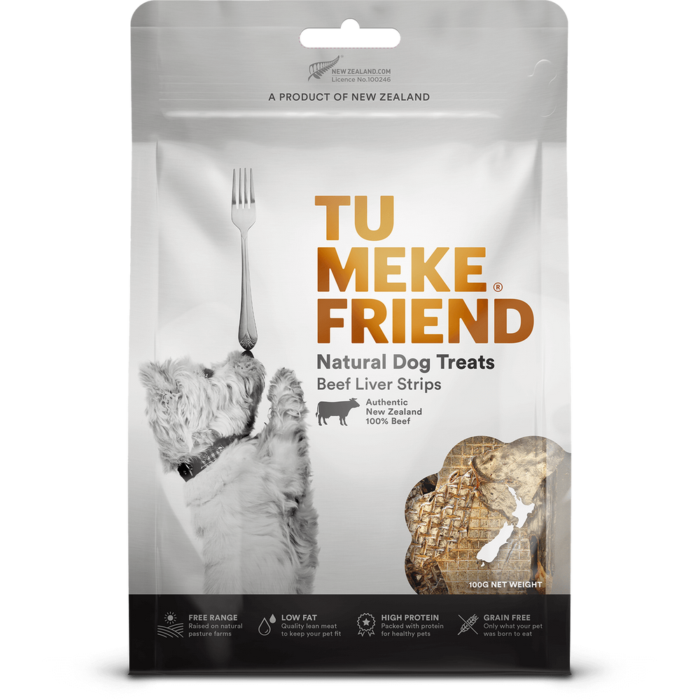 Package of Tu Meke Friend natural dog treats on a white background
