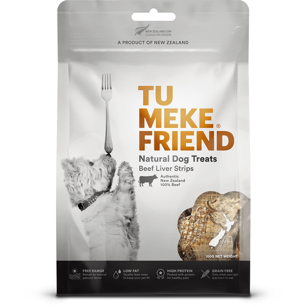 Package of Tu Meke Friend natural dog treats on a white background