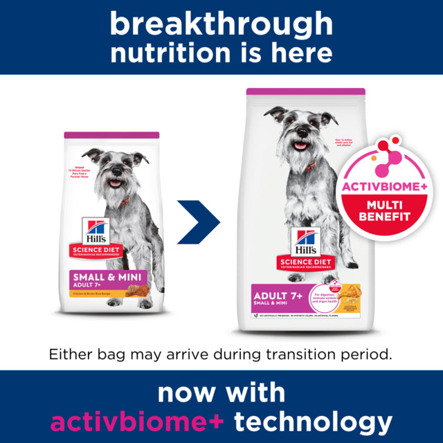 Hills Science Diet dog food package for adult dogs 7+ small and mini breeds on a white background