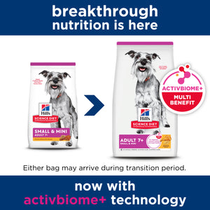 Two packages of Hill's Science Diet dog food with a blue banner and text about breakthrough nutrition and Activbiome technology.