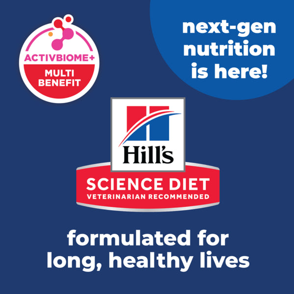 Promotional graphic for Activbiome and Hill's Science Diet with text on a blue background