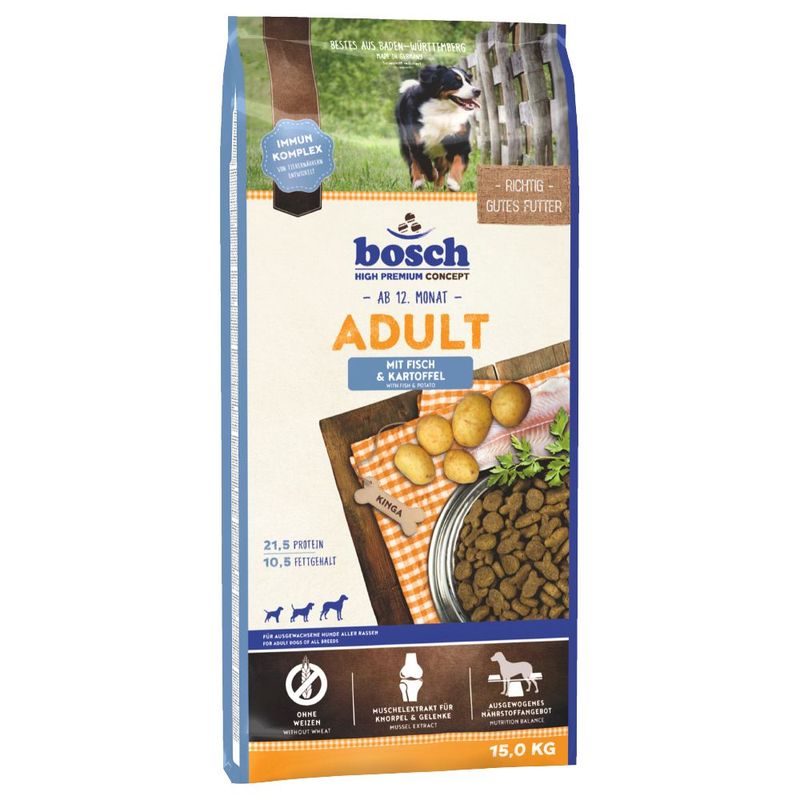 Bosch dog food package for adult dogs with fish and potato, on a white background.