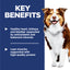 Dog with key benefits text on a blue background