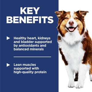 Dog with key benefits text on a blue background