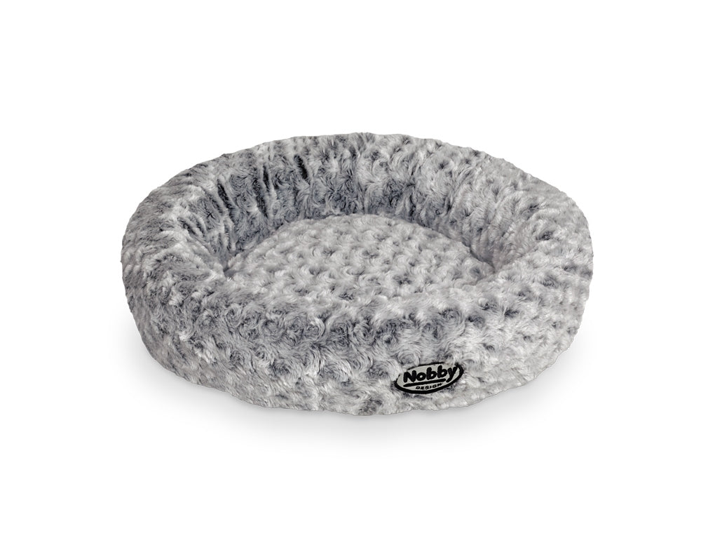 Gray pet bed with a textured surface on a white background