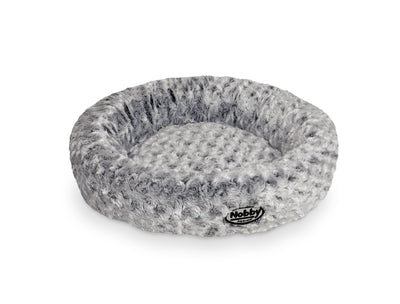 Gray pet bed with a textured surface on a white background