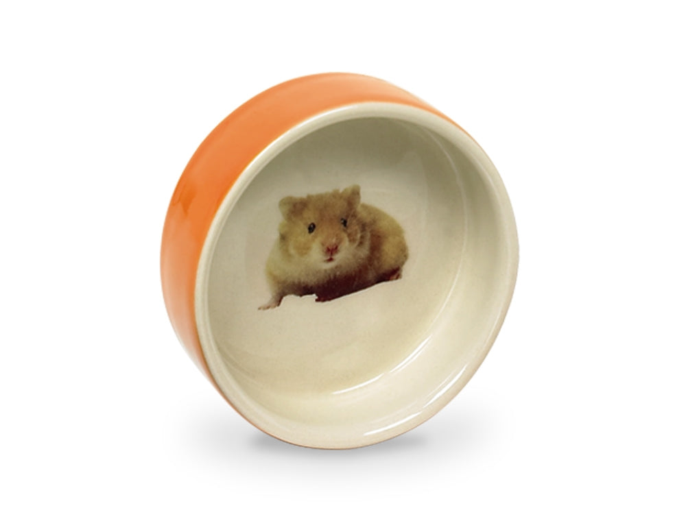 Ceramic hamster wheel with a small animal design on a white background