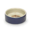 Blue and beige ceramic bowl with a small animal inside on a white background