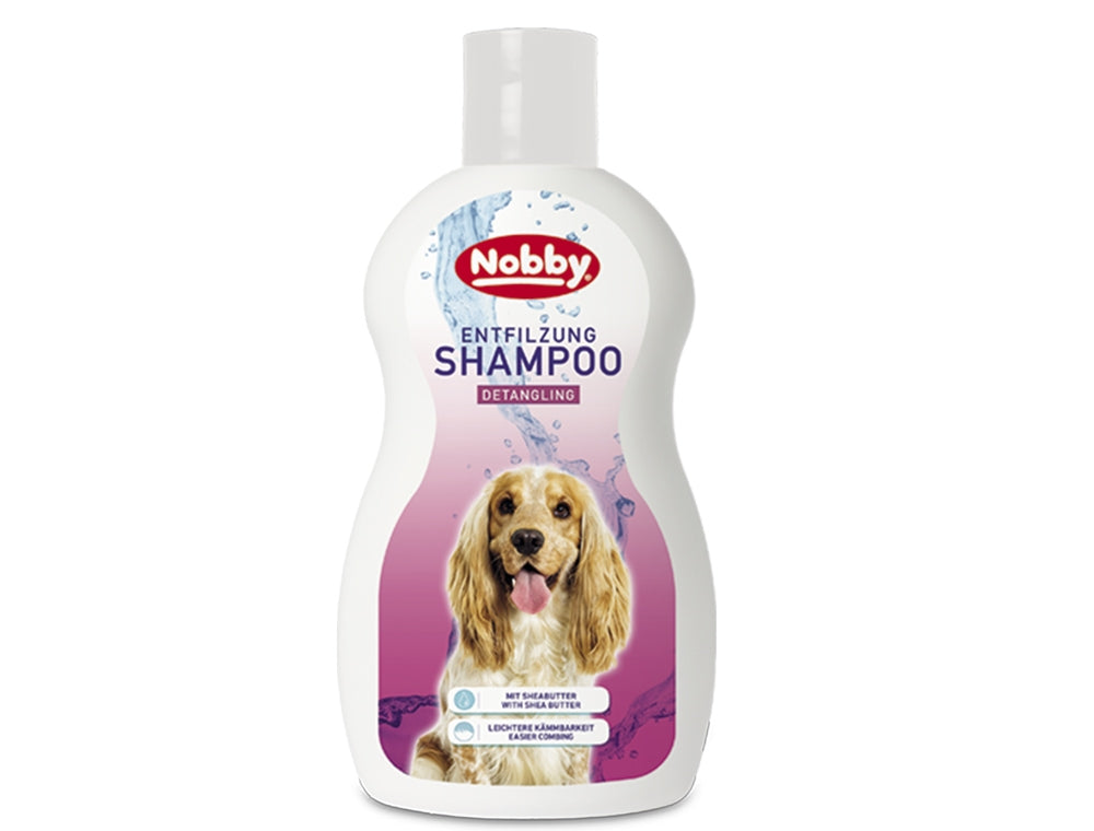Nobby dog shampoo bottle with a dog on the label detangling