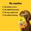 Dog holding a package with 'No nasties' text on a yellow background