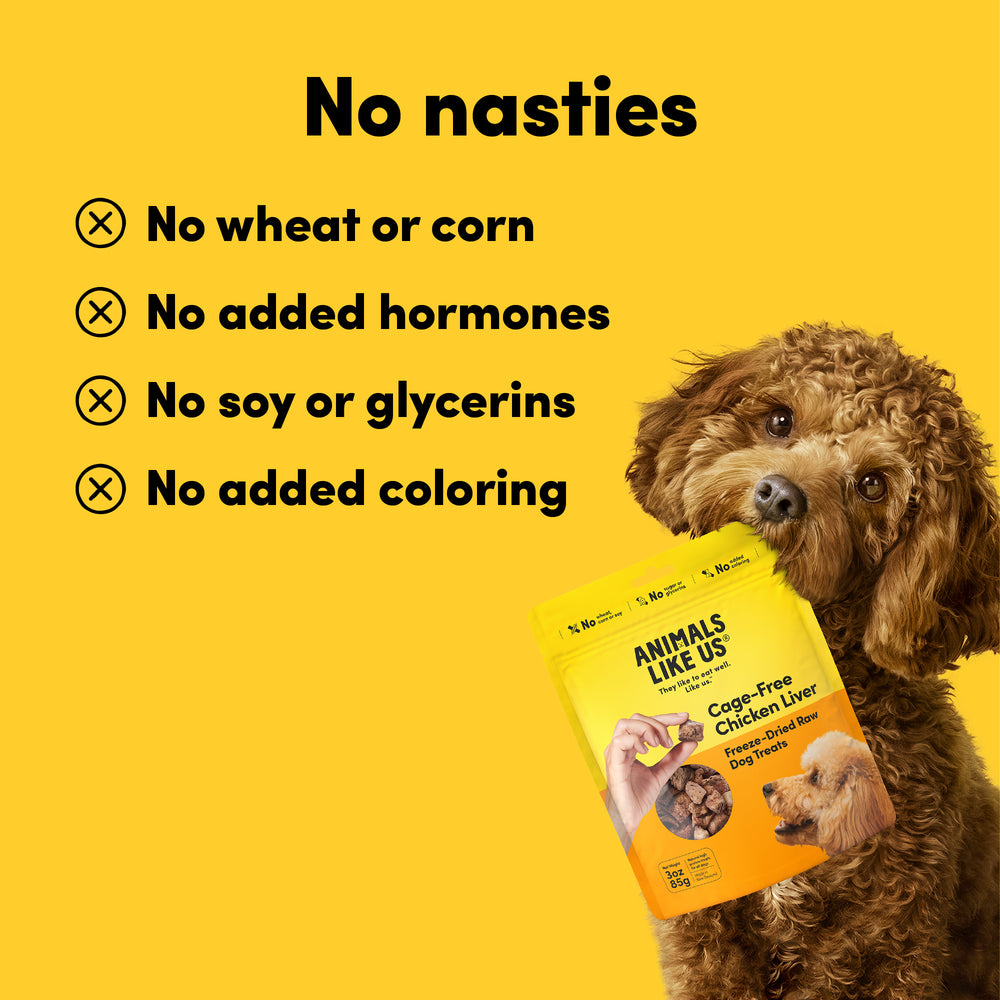 Package of Animals Like Us Cage-Free Chicken Liver freeze-dried raw dog treats on a white background