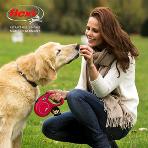 Woman feeding a dog from her hand with a pink flexi retractable leash in a park setting.