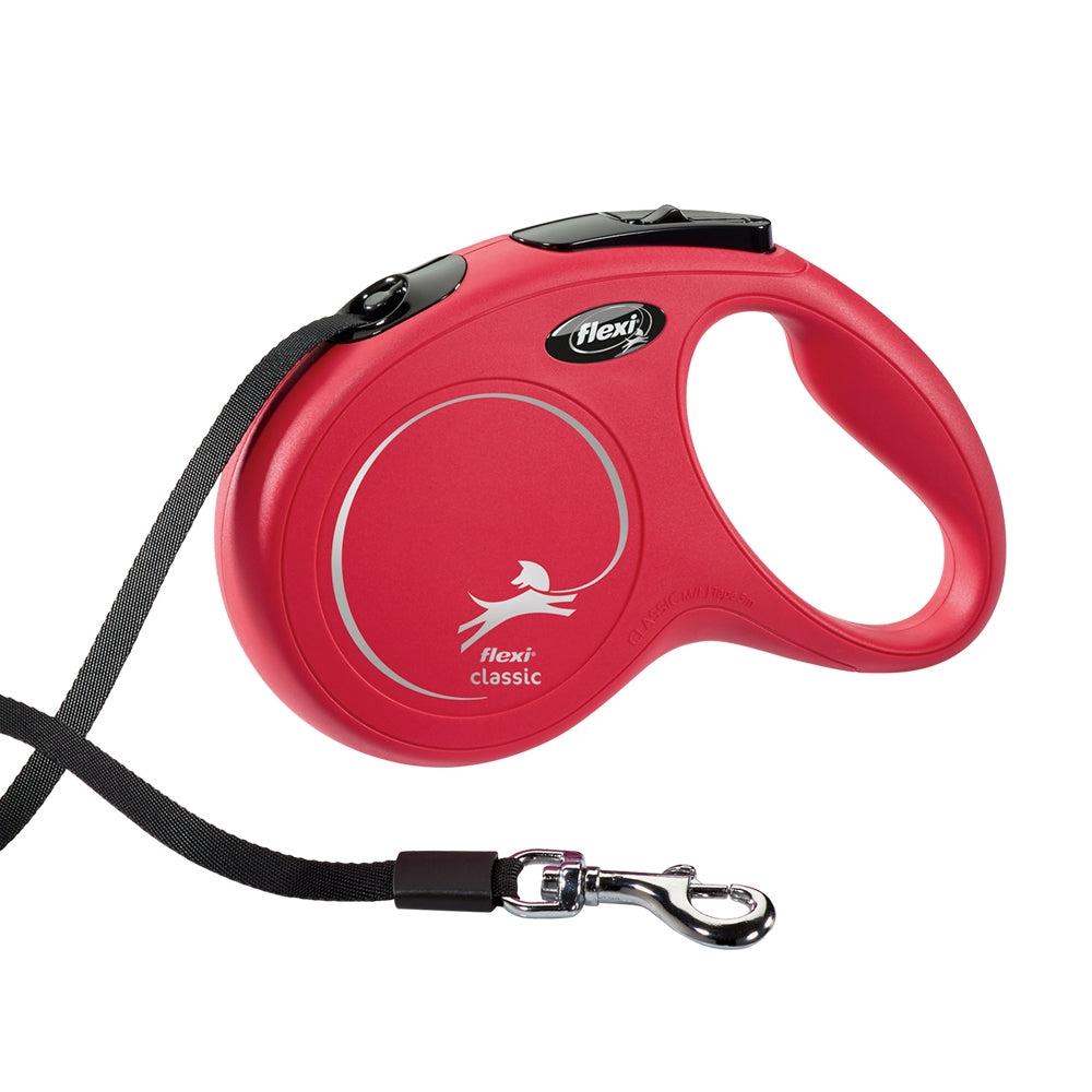 Red retractable dog leash with Flexi branding on a white background