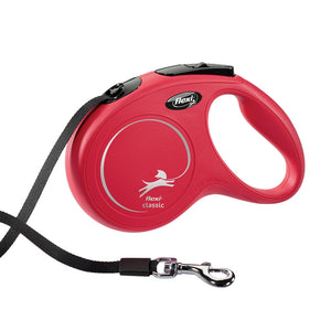 Red retractable dog leash with Flexi branding on a white background