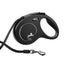 Black retractable dog leash with 'Flexi' branding on a white background