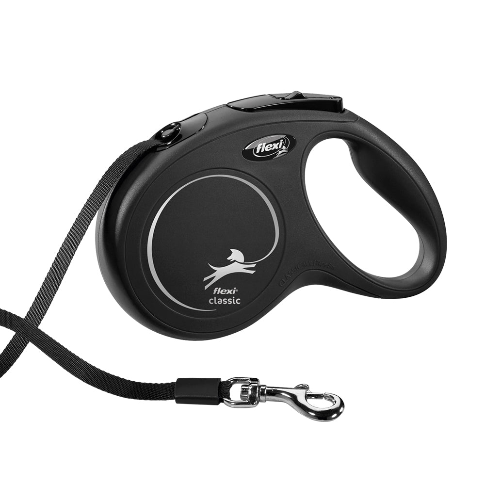 Black retractable dog leash with 'Flexi' branding on a white background
