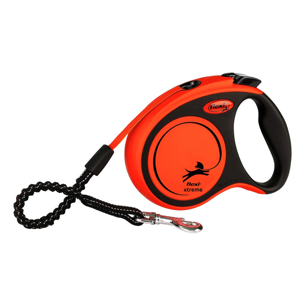 Orange and black retractable dog leash with handle on a white background