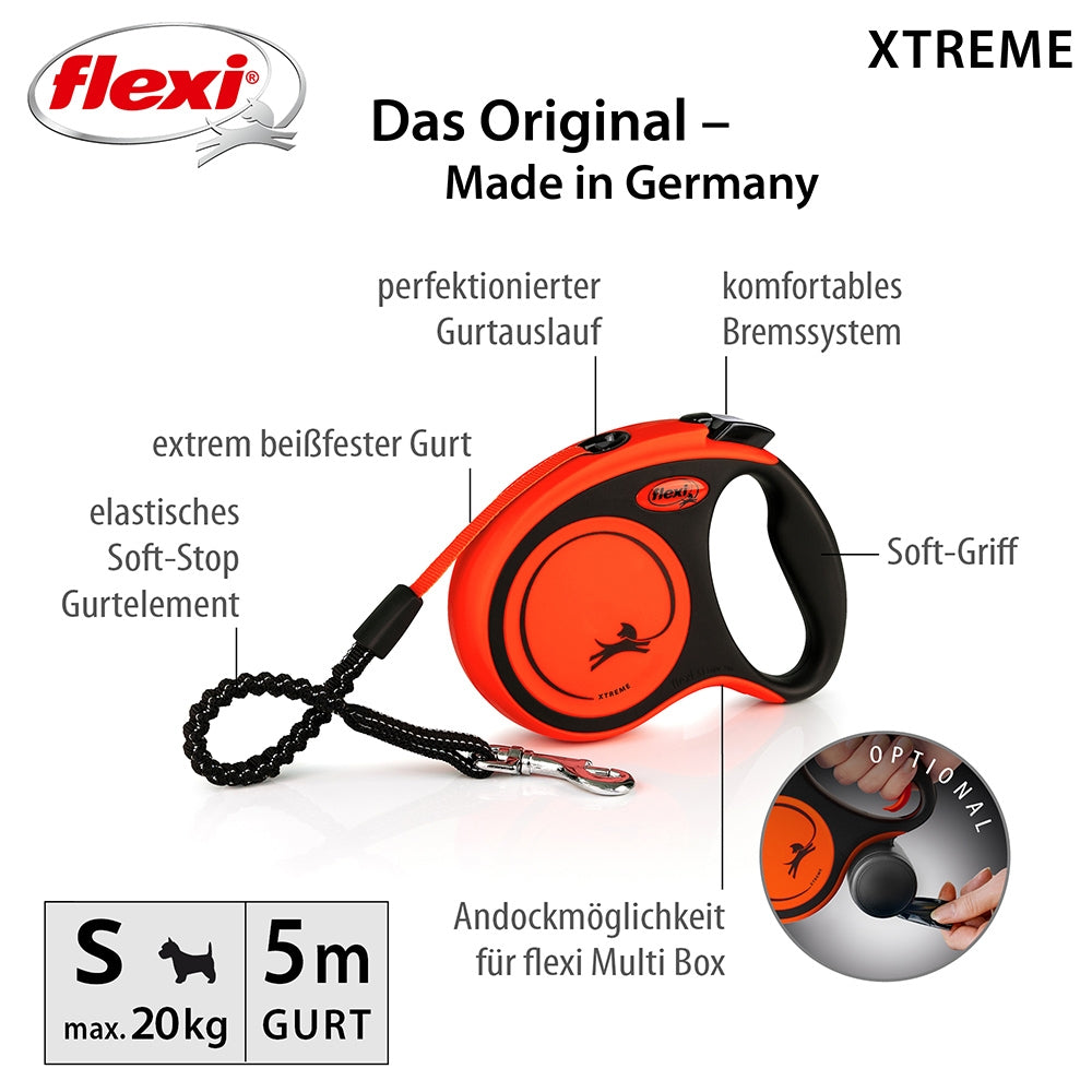 Dog leash with features labeled, brand 'flexi' visible