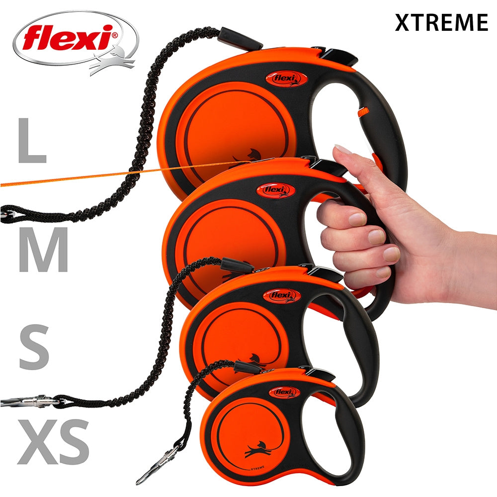 Set of orange and black dog leashes with 'flexi' branding on a white background