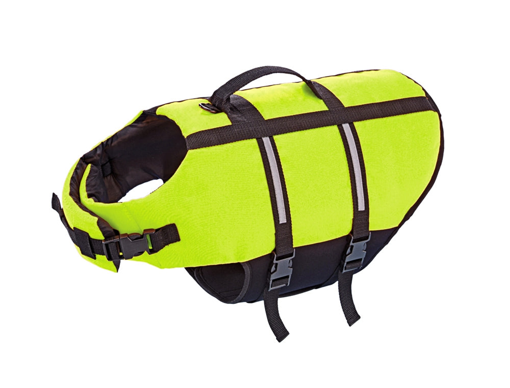 Yellow dog life jacket with black straps on a white background Nobby neon yellow