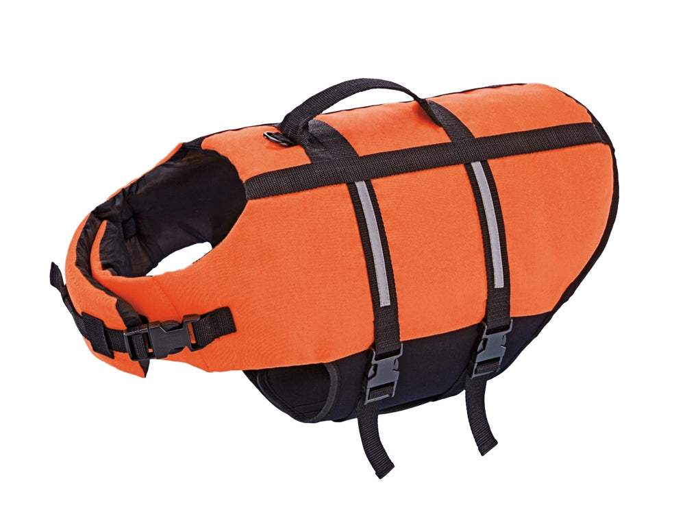 Orange dog life jacket with black straps on a white background Nobby neon orange