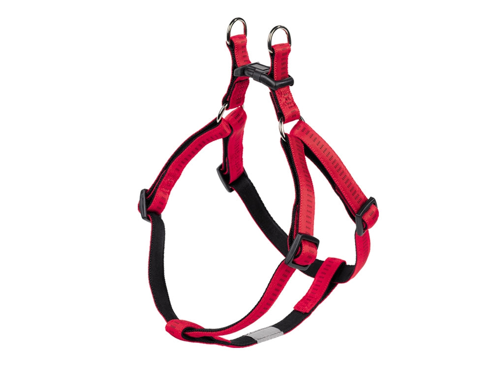 Set of dog harnesses in various colors on a white background