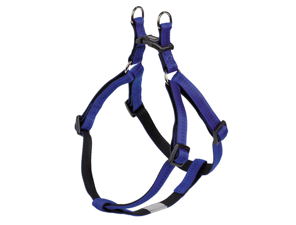 Blue and black dog harness on a white background