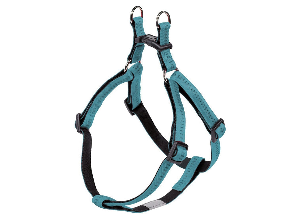 Turquoise dog harness on a white background
