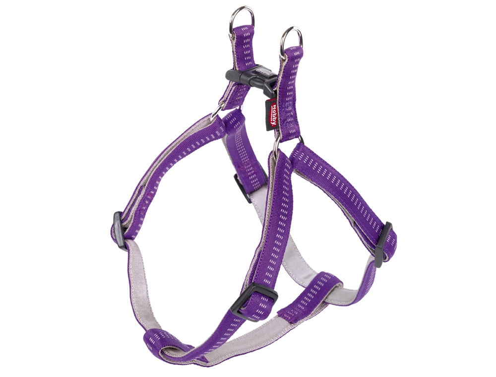 Purple and gray dog harness on a white background