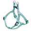 mint dog harness with black buckles on a white background