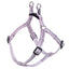 Lilac Dog harness with a white and purple pattern on a white background
