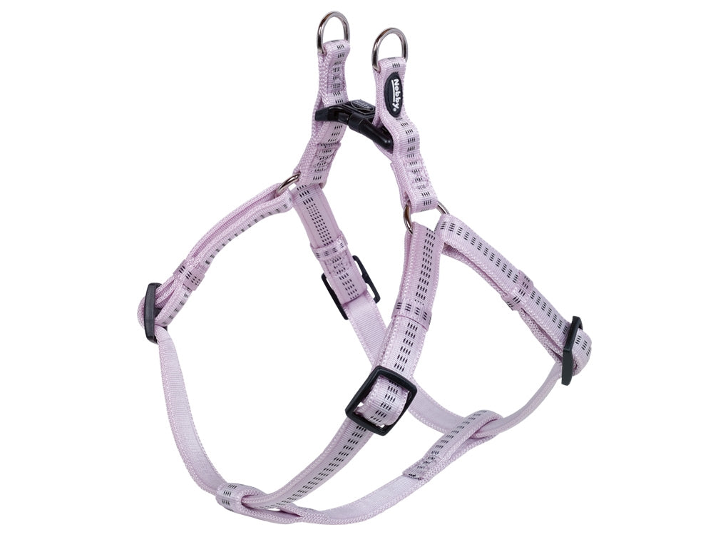 Lilac Dog harness with a white and purple pattern on a white background