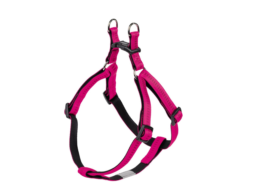 Pink /Raspberry and black dog harness on a white background