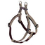 Dog harness with brown and beige straps on a white background