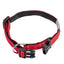 Red and black dog collar with metal ring on a white background