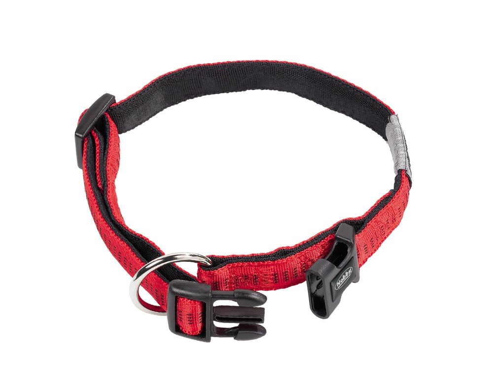 Red and black dog collar with metal ring on a white background