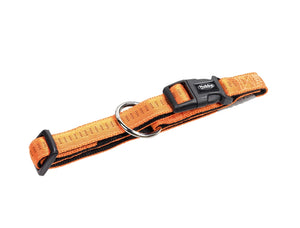 Orange dog collar with black buckle on a white background