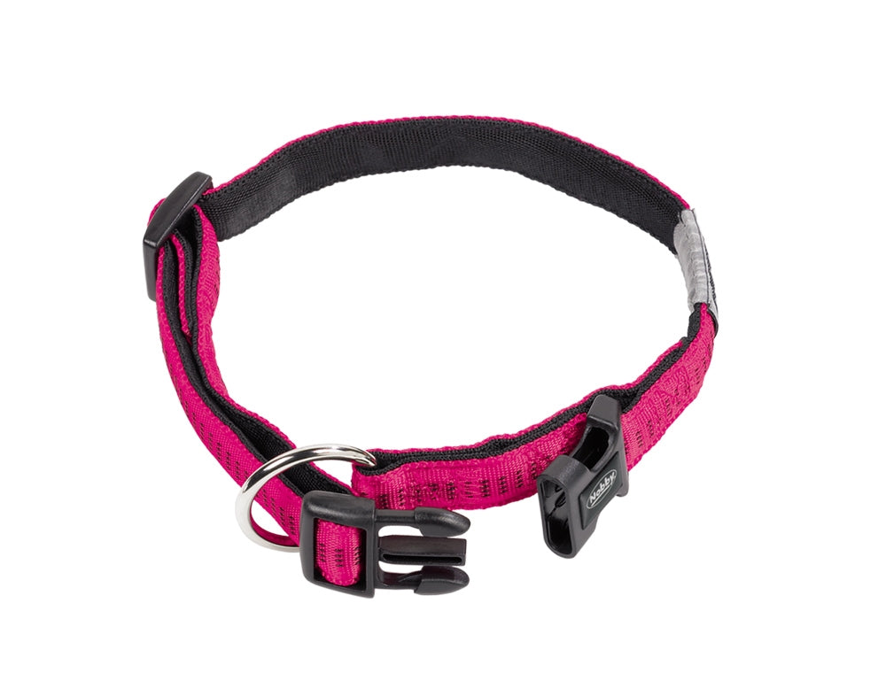 Pfuchsia  dog collar with black hardware on a white background