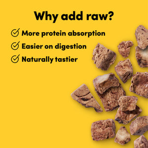 Raw pet food pieces on a yellow background with text about benefits of raw feeding.