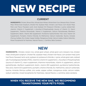 Comparison of current and new pet food ingredient lists with a blue and white color scheme.