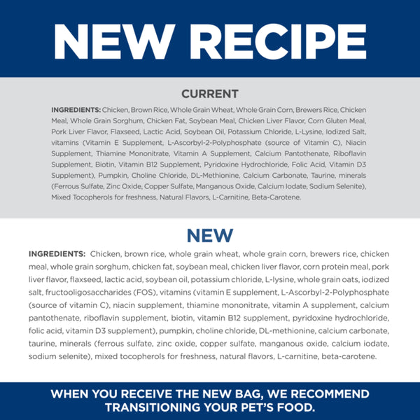 Comparison of current and new pet food ingredient lists with a blue and white color scheme.