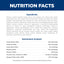 Nutrition facts label with ingredients and guaranteed analysis for a product.