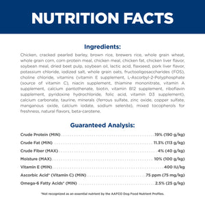 Nutrition facts label with ingredients and guaranteed analysis for a product.