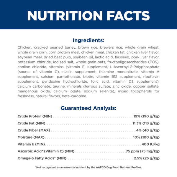 Nutrition facts label with ingredients and guaranteed analysis for a product.