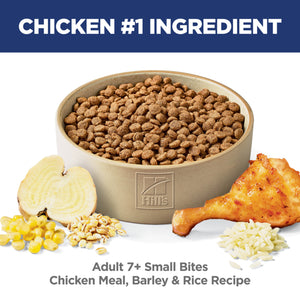 Bowl of Hills dog food with chicken, barley, and rice ingredients on a white background